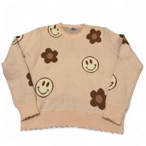 Miss Sparkling Happy Face Boho Sweater Women’s Medium Retro Smiley Twee Brown